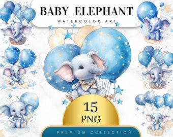 Set of 15, Watercolor Elephant, Baby Elephant Clipart, Baby Elephant with Balloons Png, Baby Shower Clip Art, Nursery Graphics, Digital PNG