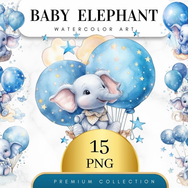 Conjunto de 15, Elefante de acuarela, Clipart de elefante bebé, Elefante bebé con globos Png, Clip Art de baby shower, Gráficos de guardería, PNG digital