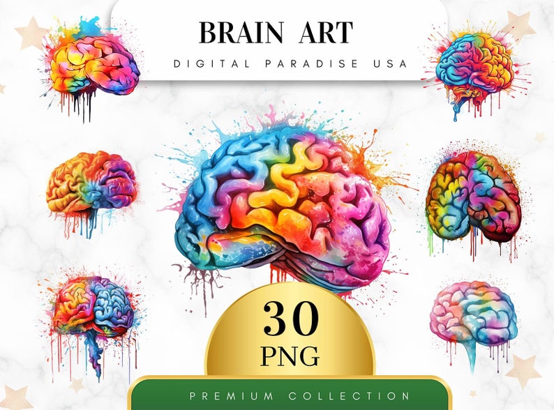 Set of 30, Brain Art, Brain Illustration, Mind Clipart, Brain Anatomy, Brain Clipart Png, Scrapbooking, Sublimation PNG, Digital Download image 1
