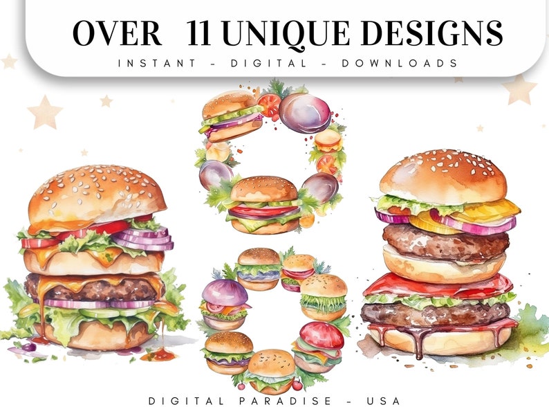 Lot de 11, clipart Burger aquarelle, lot de cliparts Fast-Food, Clipart Hamburger, Fast Food Png, Sublimation Png, Scrapbooking, Digital Png image 2