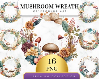 Set of 16, Watercolor Mushroom Wreaths Clipart, Mushrooms Png, Watercolor Mushroom Clip Art, Sublimation Png, Mushrooms Clipart, Digital PNG
