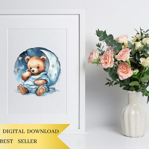 Zestaw 10 sztuk, akwarelowy miś na księżycu, miś PNG, grafika do pokoju dziecięcego, słodki miś Clipart, sublimacja PNG, grafika Miś Clipart, cyfrowy PNG zdjęcie 5