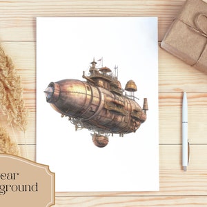 Lot de 16, Clipart dirigeable steampunk, aquarelle steampunk PNG, Art steampunk, décoration Steampunk, victorien, montgolfière PNG, PNG numérique image 3