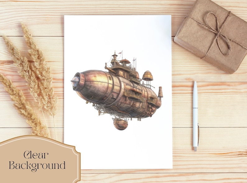 Lot de 16, Clipart dirigeable steampunk, aquarelle steampunk PNG, Art steampunk, décoration Steampunk, victorien, montgolfière PNG, PNG numérique image 3