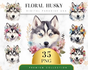 Set of 35, Floral Husky Clipart, Husky PNG, Watercolor Husky, Dog Clipart, Animal Art, Dog PNG, Boho Dog, Digital Download, Sublimation PNG