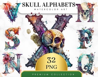Set of 32, Watercolor Gothic Skull Alphabets Set, Gothic Skulls Clipart, Watercolor Skull Letters Clipart, Skull Alphabets Png, Digital PNG