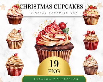 Set of 19, Christmas Cupcakes Clipart, Holiday Cupcake, Festive Cupcake, Dessert Clipart, Bakery Clipart, Sublimation PNG, Digital Download