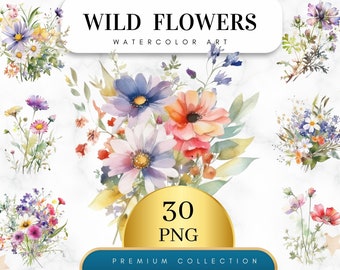Set of 30, Watercolor Spring Wildflowers Clipart, Flower Bouquet, Floral Bouquet, Wildflowers PNG, Wedding Clipart, Baby Shower, Digital PNG