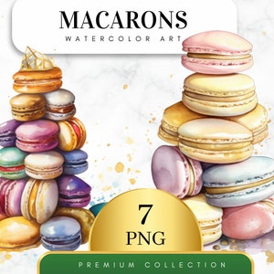 Set von 7 Aquarell Macarons Art, Macarons Art, Dessert Clipart Bundle, Süße Bäckerei Essen Clipart, Macarons Png, Lebensmittel Clipart, Digital Png