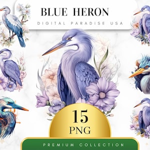 Set of 15, Blue Heron Clipart, Heron PNG, Watercolor Heron, Bird Clipart, Wildlife Clipart, Birds Png, Sublimation PNG, Digital Download