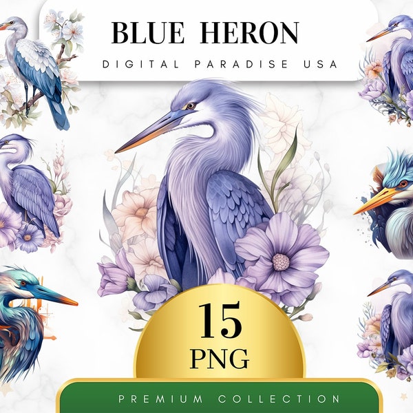 Set of 15, Blue Heron Clipart, Heron PNG, Watercolor Heron, Bird Clipart, Wildlife Clipart, Birds Png, Sublimation PNG, Digital Download