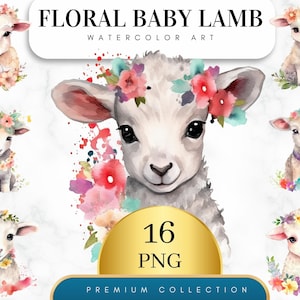 Set of 16, Watercolor Floral Baby Lamb, Baby Lamb Art, Floral Lamb Png, Baby Lamb Clipart,  Nursery Lamb Art, Sublimation Png, Digital Png