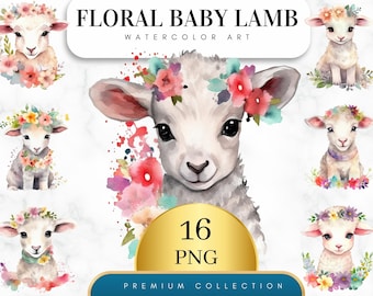Set of 16, Watercolor Floral Baby Lamb, Baby Lamb Art, Floral Lamb Png, Baby Lamb Clipart,  Nursery Lamb Art, Sublimation Png, Digital Png