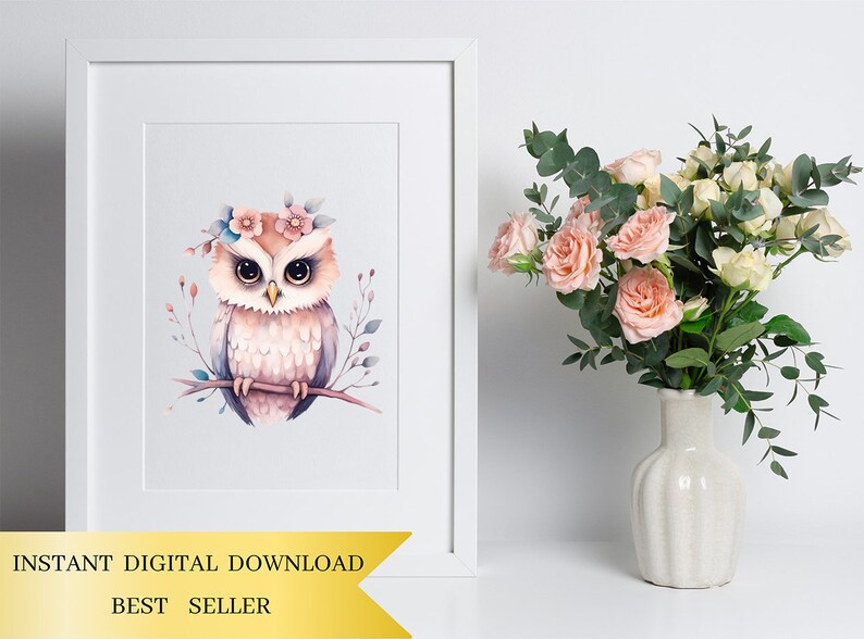 May include: A watercolor illustration of a pink owl with a flower crown, perched on a branch. The owl has large, brown eyes and a light pink body with white feathers. The background is a light blue watercolor wash.