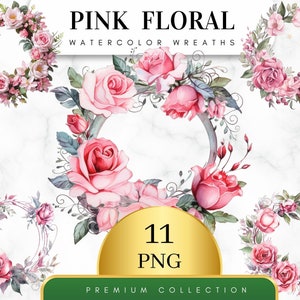 Set of 11, Watercolor Pink Floral Wreath, Floral Frame Clipart, Watercolor Floral, Flower Art, Wedding Clipart, Floral Wreaths, Digital Png