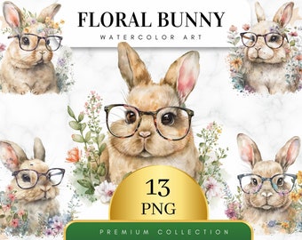 Set of 13, Watercolor Floral Bunnies, Floral Bunnies Clipart, Bunny Png, Digital Planner, Journaling, Wall Art, Commercial Use, Digital PNG