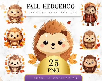 Set of 25, Fall Hedgehog Clipart, Hedgehog PNG, Autumn Animals, Woodland Animals, Sublimation, Nursery Png, Junk Journal, Digital Download