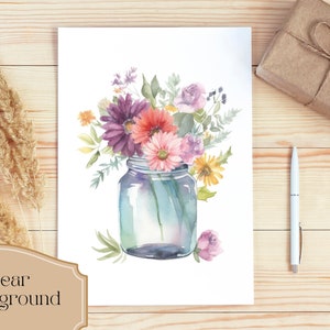 May include: A watercolor painting of a bouquet of flowers in a clear glass jar. The flowers are pink, purple, red, and yellow. The background is white.