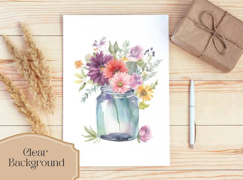 May include: A watercolor painting of a bouquet of flowers in a clear glass jar. The flowers are pink, purple, red, and yellow. The background is white.