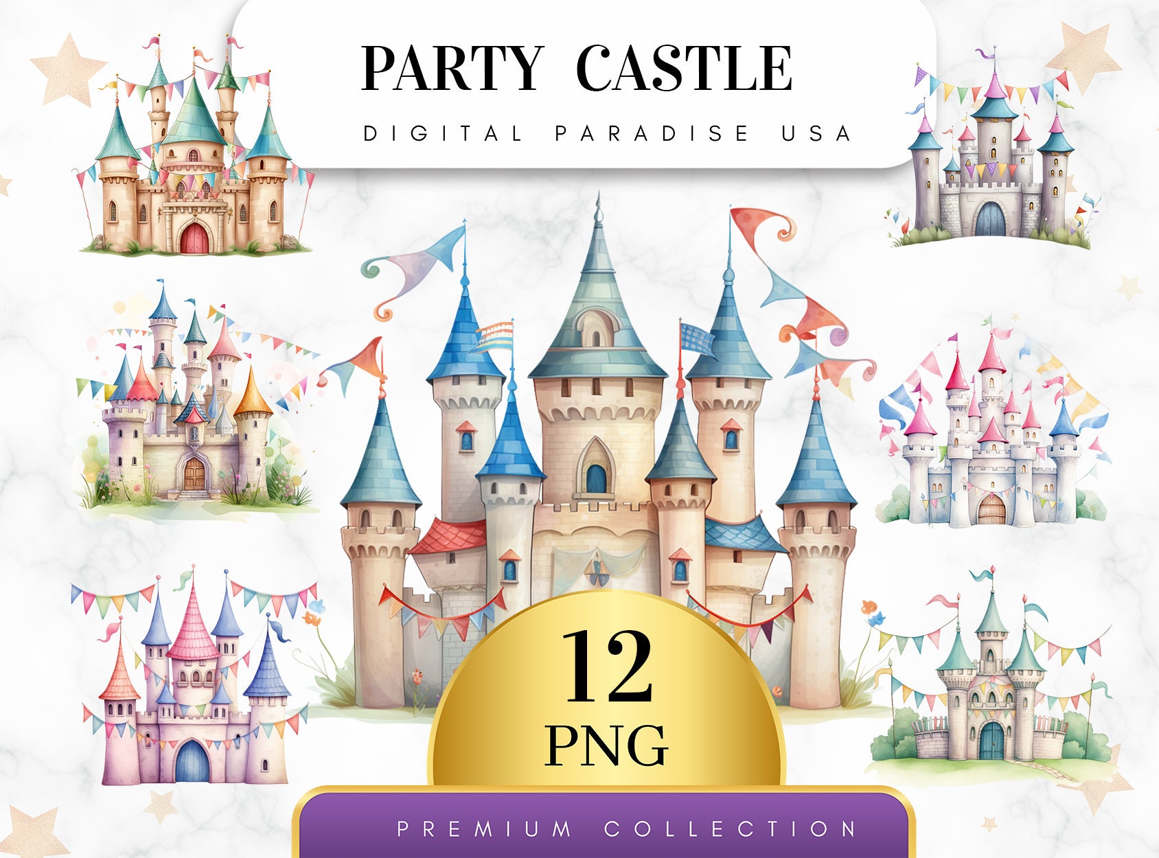 Set of 12, Party Castle Clipart, Fairy Tale Clipart, Birthday Party Decor, Castle PNG, Nursery Clipart, Digital Download, Sublimation PNG