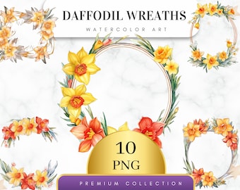 Set of 10, Watercolor Daffodils Wreath, Floral Clipart Png , Watercolor Frame, Watercolor Spring Clipart, Botanical Clipart, Digital PNG