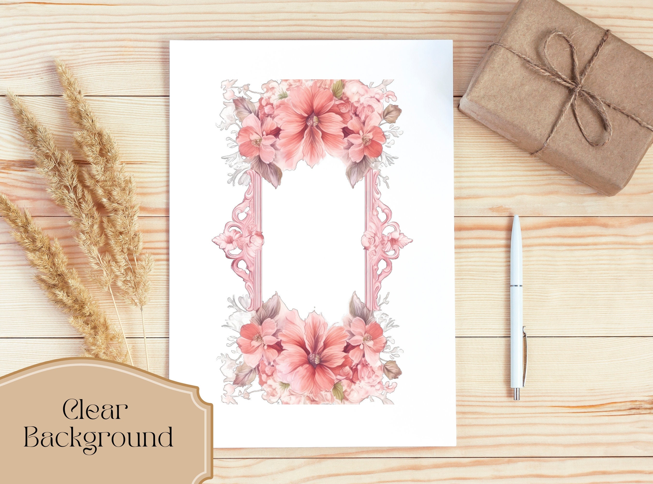 Pink Rectangular Frame Set of 20, Watercolor Floral Pink Rectangular Frames, Floral Clipart ...