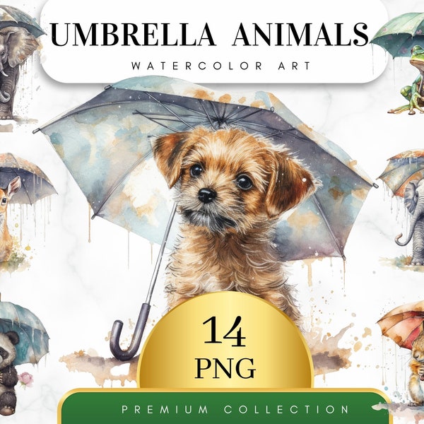 Set di 14, Animali dell'acquerello sotto la pioggia, Animale dell'acquerello con ombrello, Sublimazione Png, Baby Shower, Wall Art, Rain Animal Png, Wall Decor