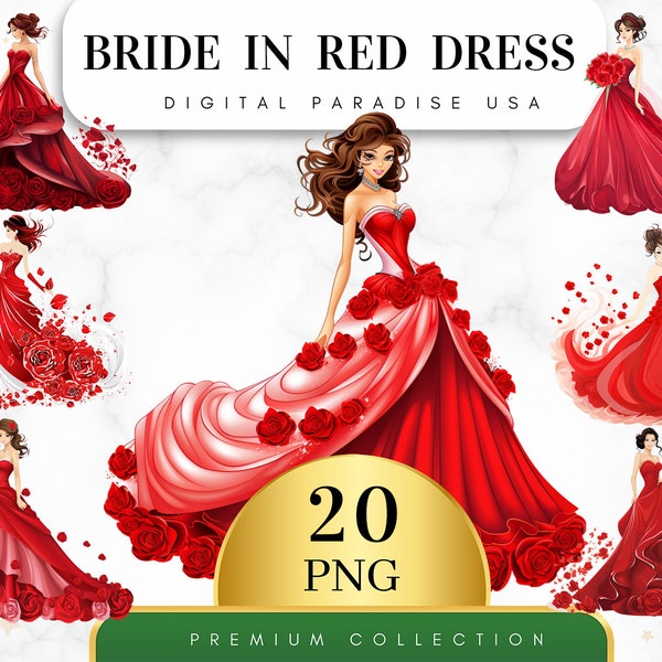 Set of 20, Red Dress Bride Clipart, Wedding Dress Clipart, Bride PNG, Bridal Clipart, Wedding Clipart, Bridal Shower PNG, Digital Download