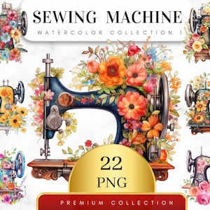 Conjunto de 22 imágenes PNG de máquinas de coser con motivos florales en acuarela, imágenes prediseñadas de máquinas de coser con motivos florales, imágenes prediseñadas de acolchado, imágenes prediseñadas de costura, imágenes PNG vintage, imágenes PNG digitales