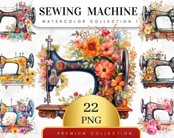 Set of 22, Watercolor Floral Sewing Machine PNG, Floral Sewing Machine Clipart, Quilting Clipart, Sewing Clipart, Vintage Png, Digital Png