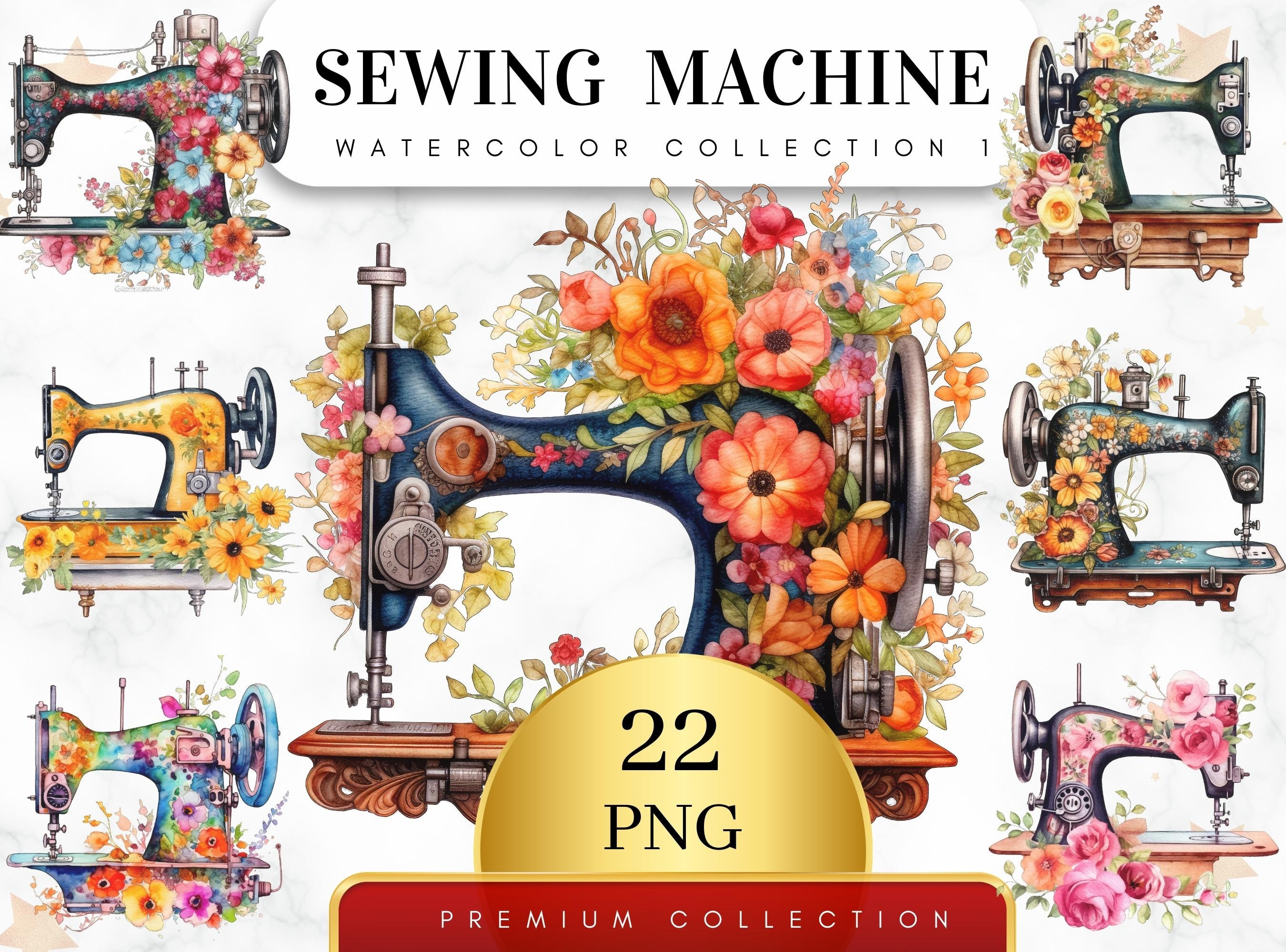 Set of 22, Watercolor Floral Sewing Machine PNG, Floral Sewing Machine Clipart, Quilting Clipart, Sewing Clipart, Vintage Png, Digital Png