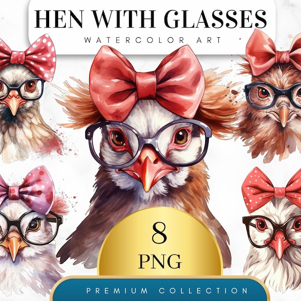 Set of 8, Hen with Glasses Clipart, Hen PNG, Farm Animal Clipart, Chicken Clipart, Junk Journal Decor, Sublimation PNG, Digital Download