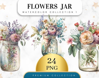 Set of 24, Flowers in Jar Clipart, Flowers Png, Flower bouquet Png, Mixed Media, Digital Paper Craft, Wall Decor, Digital PNG