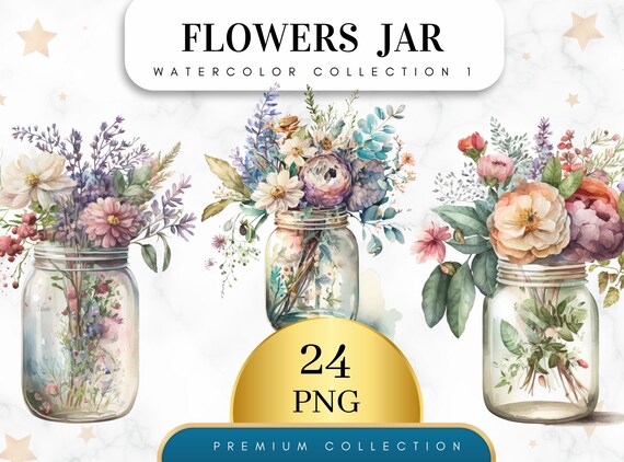 Set of 24, Flowers in Jar Clipart, Flowers Png, Flower bouquet Png, Mixed Media, Digital Paper Craft, Wall Decor, Digital PNG