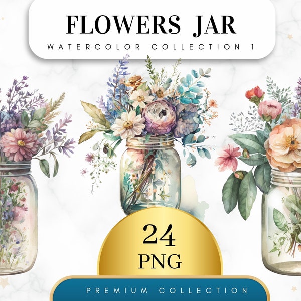 Set of 24 Png+24 Jpg, Flowers in Jar Clipart, Flowers Png, Flower bouquet Png, Mixed Media, Digital Paper Craft, Wall Decor, Digital PNG