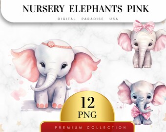 Set of 12, Nursery Elephants Pink Clipart, Pink Elephant PNG, Baby Elephant PNG, Elephant Scrapbook, Nursery Decor, Sublimation, Digital PNG