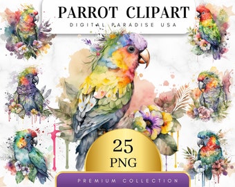 Set of 25, Watercolor Parrot Clipart, Tropical Bird PNG, Exotic Bird Clipart, Jungle Clipart, Animal Scrapbook, Sublimation,Digital Download