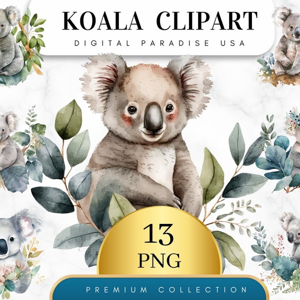 Set of 13, Watercolor Koala Clipart, Koala PNG, Cute Koalas, Koala Bear Clipart, Animal Clipart, Sublimation Png, Wall Art, Digital Download