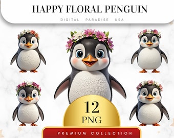 Set of 12, Happy Floral Penguin, Floral Penguin PNG, Penguin Clipart, Cute Penguin Art, Winter Clipart, Sublimation PNG, Digital Download