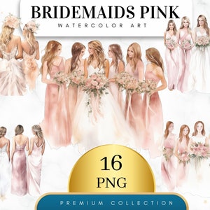 Conjunto de 16, clipart de damas de honra rosa aquarela, clipart de melhor amigo. Dama De Honra Clipart Png, Clipart De Casamento,Sublimação Png, Digital Png