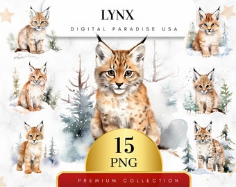 Lote de 15 imágenes prediseñadas de lince, lince PNG, imágenes prediseñadas de vida silvestre, imágenes prediseñadas de animales, lince en acuarela, diario basura, arte de lince, descarga digital, sublimación