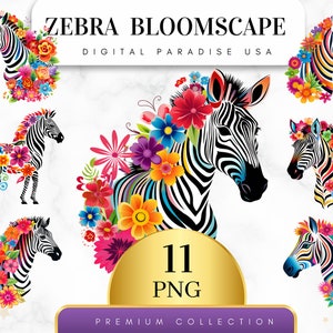 Set of 11, Zebra Bloomscape Clipart, Zebra Clipart, Zebra PNG, Animal Clipart, Watercolor Zebra, Sublimation,Jungle Safari, Digital Download
