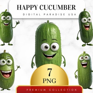 Lot de 7, clipart heureux concombre, mignon légume Clipart, concombre vert PNG, clipart nourriture, cuisine des cliparts, téléchargement numérique, sublimation