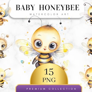 Set of 15, Baby HoneyBee Watercolor Clipart, Baby Bee Clip Art, Bee PNG, Nursery Decor, Baby Shower, Baby Wall Art, Sublimation, Digital PNG