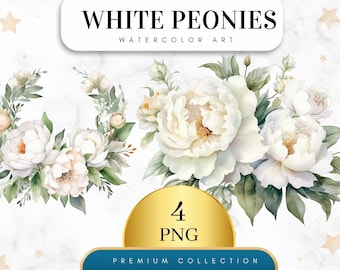 Könnte beinhalten: Aquarellmalerei von weißen Pfingstrosen mit grünen Blättern. Das Bild trägt den Titel "White Peonies Watercolor Art" und enthält den Text "4 PNG Premium Collection".