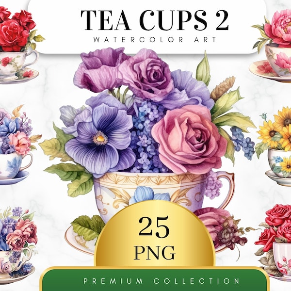 Set of 25, Watercolor Vintage Teacup Clipart, Tea Time art, Flower Teacup Png, Scrapbook, Junk Journal, Digital Art, Sublimation,Digital PNG