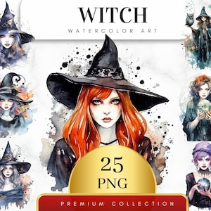 Set of 25, Watercolor Witch Clipart, Gothic Witchcraft Clip Art, Witch Clip Art Png, Magic Clip Art, Witch Png, Witchcraft Png, Digital Png
