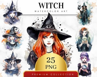 Set of 25, Watercolor Witch Clipart, Gothic Witchcraft Clip Art, Witch Clip Art Png, Magic Clip Art, Witch Png, Witchcraft Png, Digital Png
