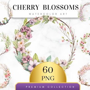 Conjunto de 60, flores de cerezo de acuarela, imágenes prediseñadas de flores de cerezo, imágenes prediseñadas de Sakura, coronas florales, marcos florales, PNG floral, PNG digital