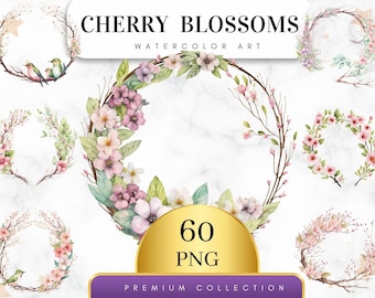 Set of 60, Watercolor Cherry Blossoms, Cherry Blossoms Clipart , Sakura Clipart, Floral Wreaths, Floral Frames, Floral PNG, Digital PNG